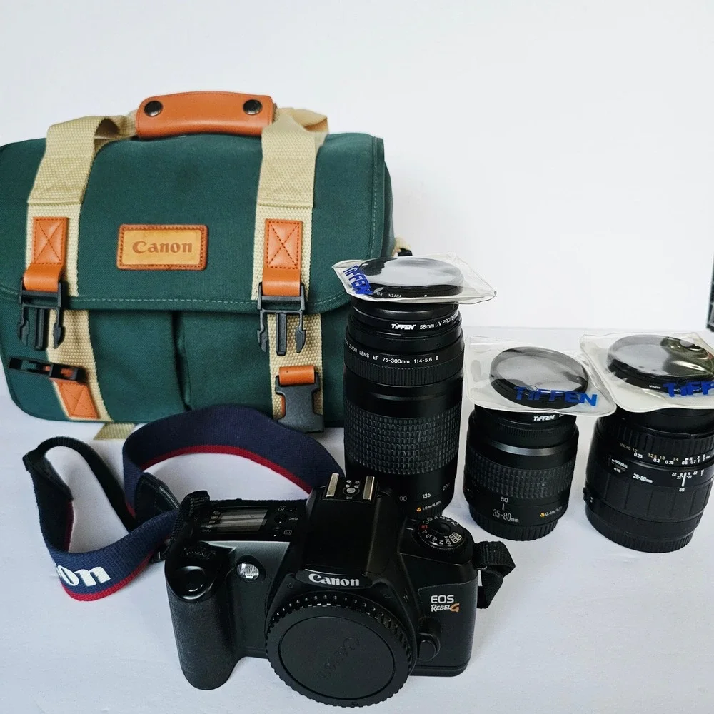 Vtg Y2K Canon EOS Rebel G 35mm SLR Film Camera Bundle w/ 3 Lenses & Bag Retro